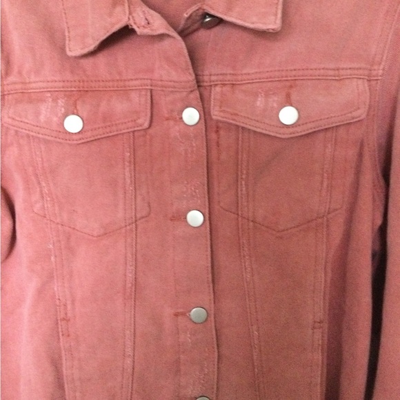 Denim Jacket NEW Large Raw Hemline Coral Salmon in Color - Picture 3 of 16
